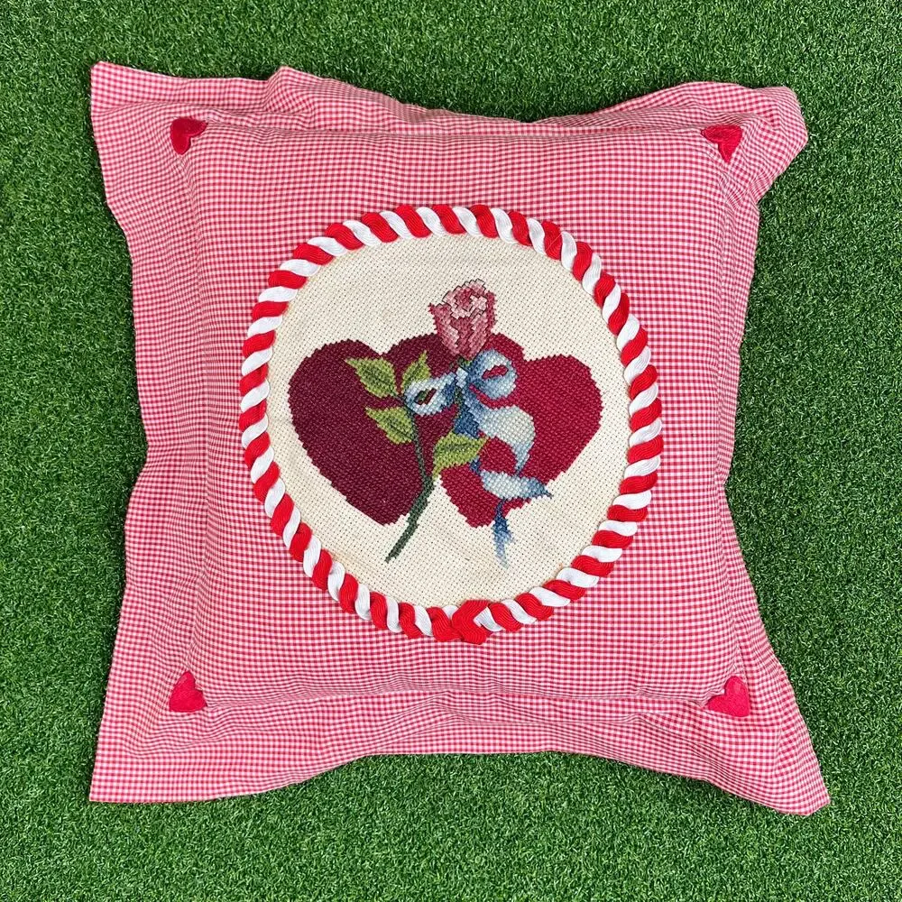 Vintage Red Gingham Heart Rose Design Needlepoint Throw Pillow